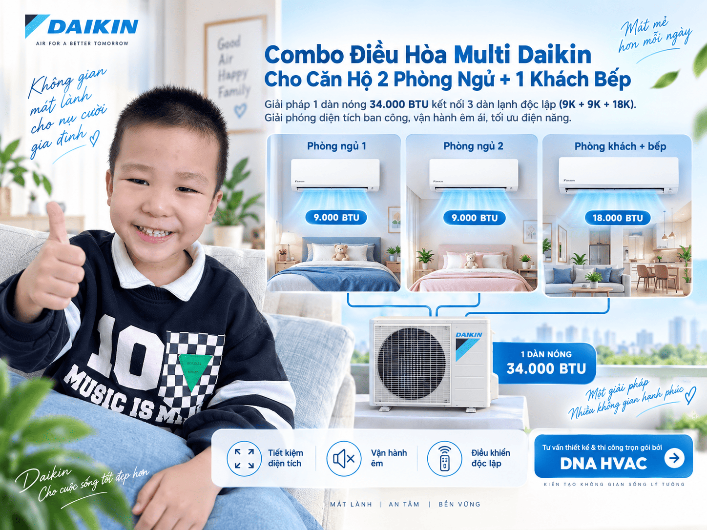 Combo Điều Hoà Multi DAIKIN Treo Tường Cho Căn Hộ 2 Ngủ + 1 Khách Bếp