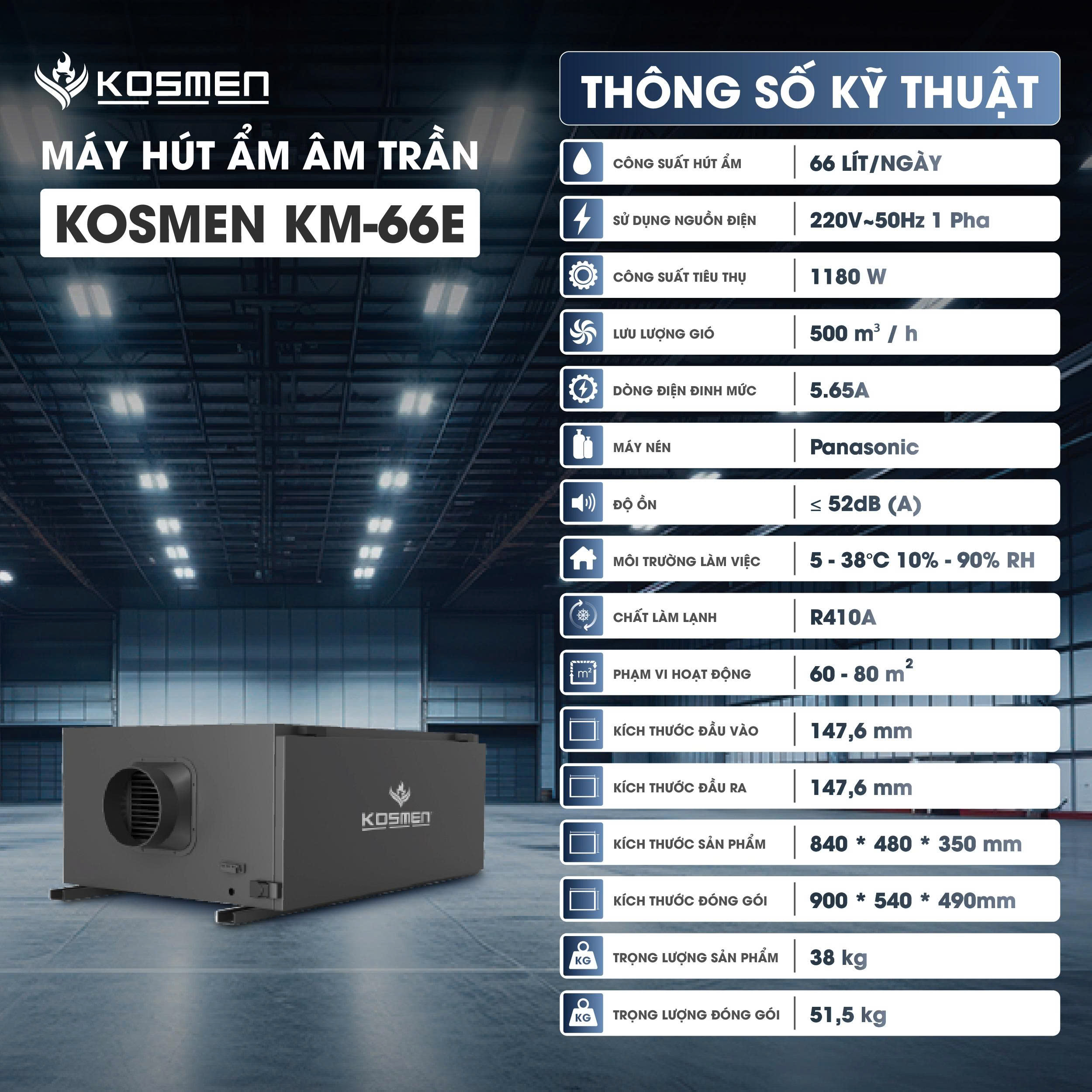 Máy hút ẩm âm trần Kosmen KM-66E