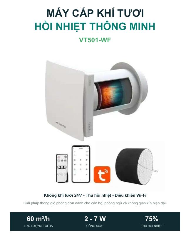Máy Cấp Khí Tươi Thu Hồi Nhiệt Gắn Tường KCVents VT501-WF - Kết Nối Tuya Smart Wi-Fi