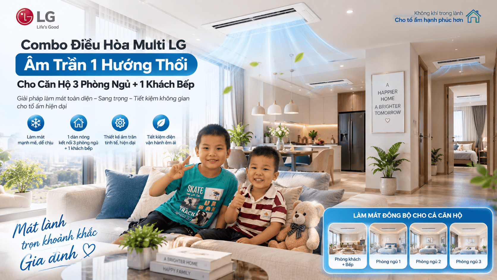 Combo Điều Hoà Multi LG Âm Trần 1 hướng thổi Cho Căn Hộ 3 Ngủ + 1 khách bếp