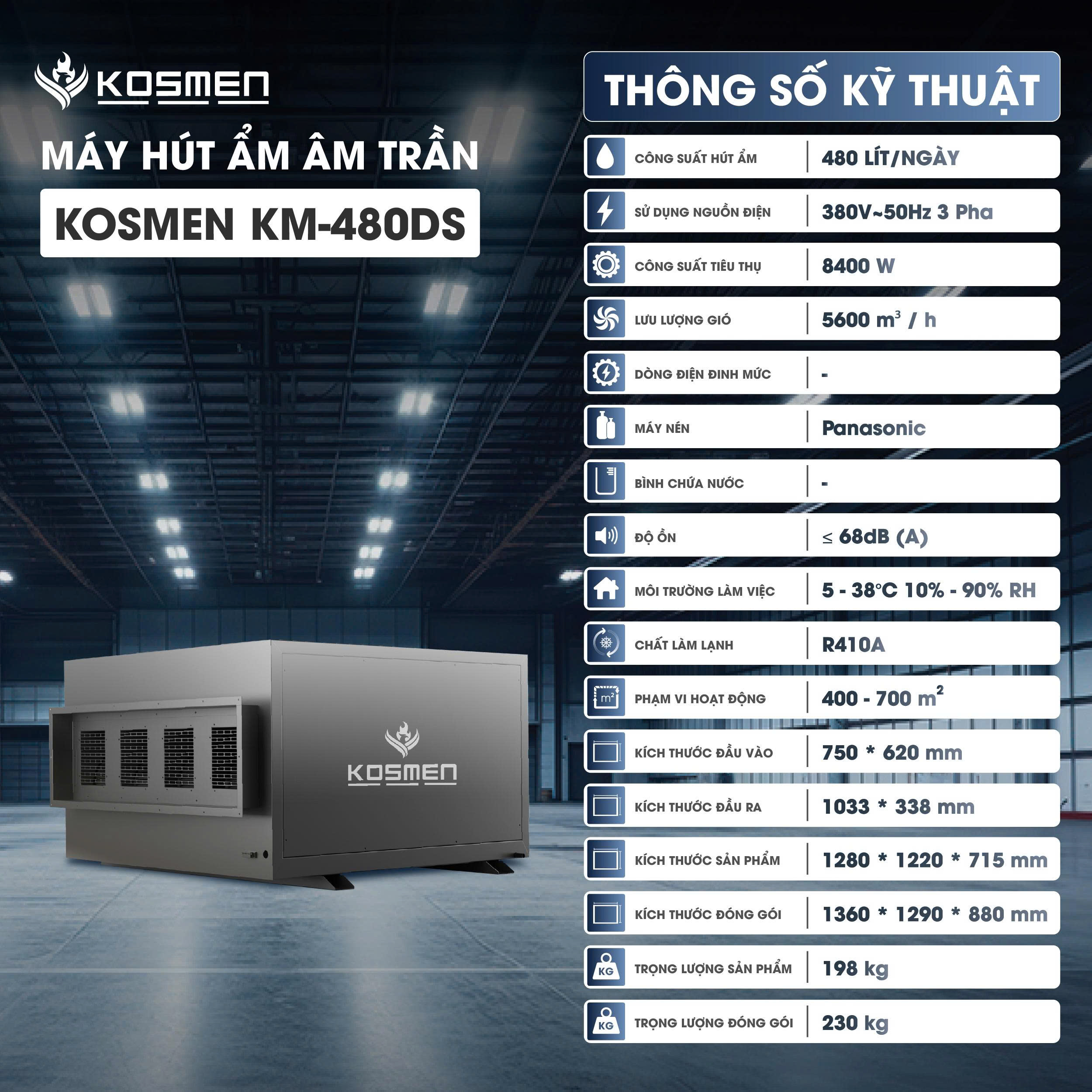 Máy hút ẩm âm trần Kosmen KM-480DS