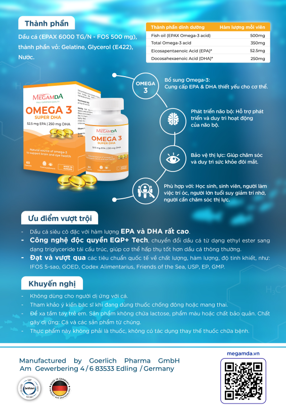 Viên uống Omega-3 Super DHA Megamda 60 viên - Bổ não, tăng cường trí nhớ
