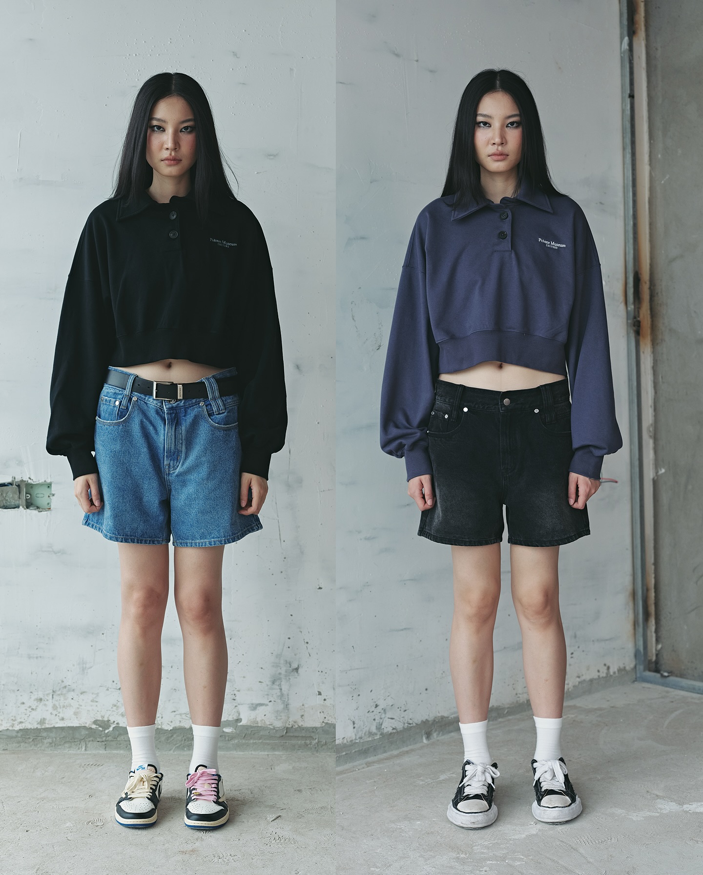 Black & Darkblue Cropped Polo Sweater