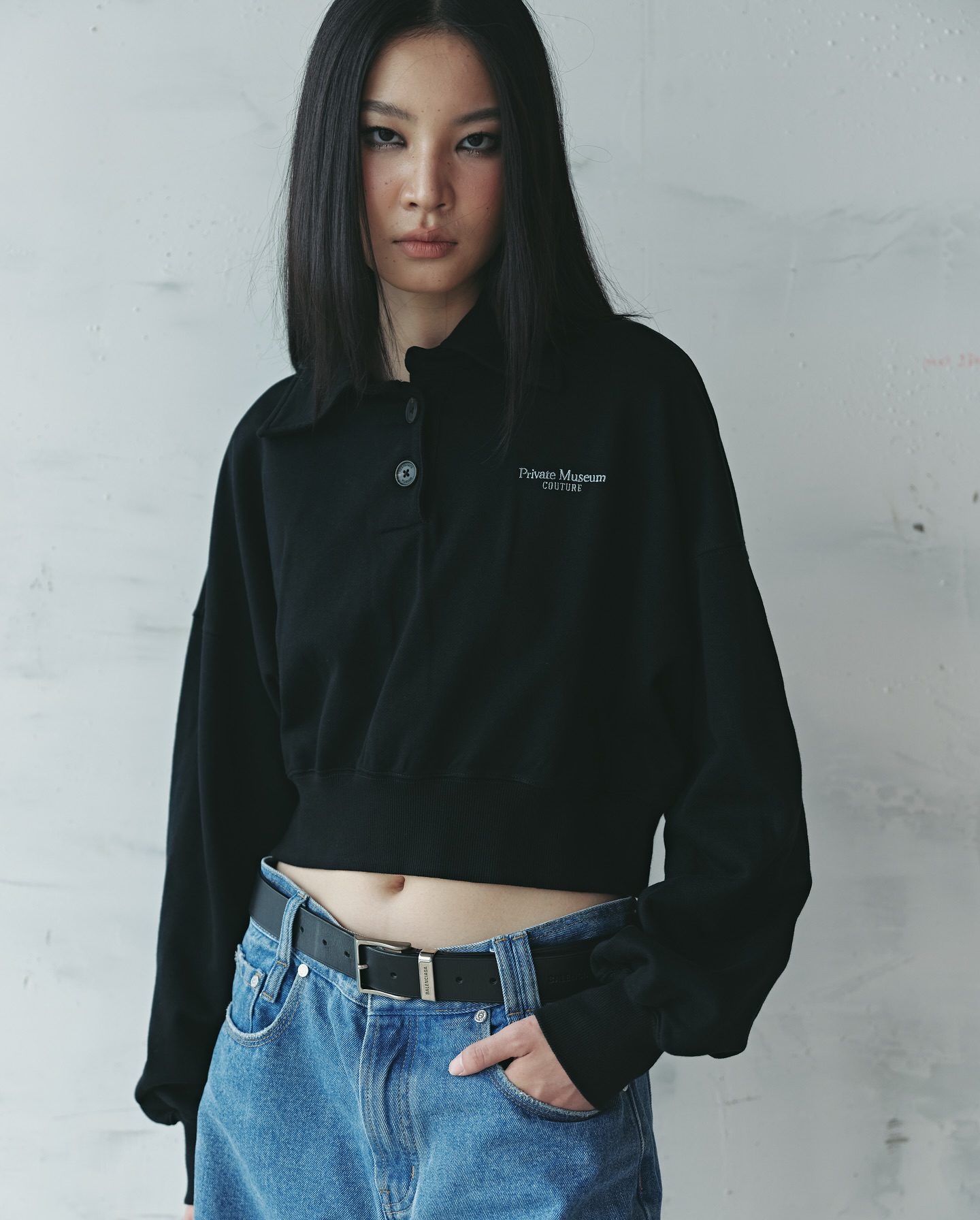 Black & Darkblue Cropped Polo Sweater