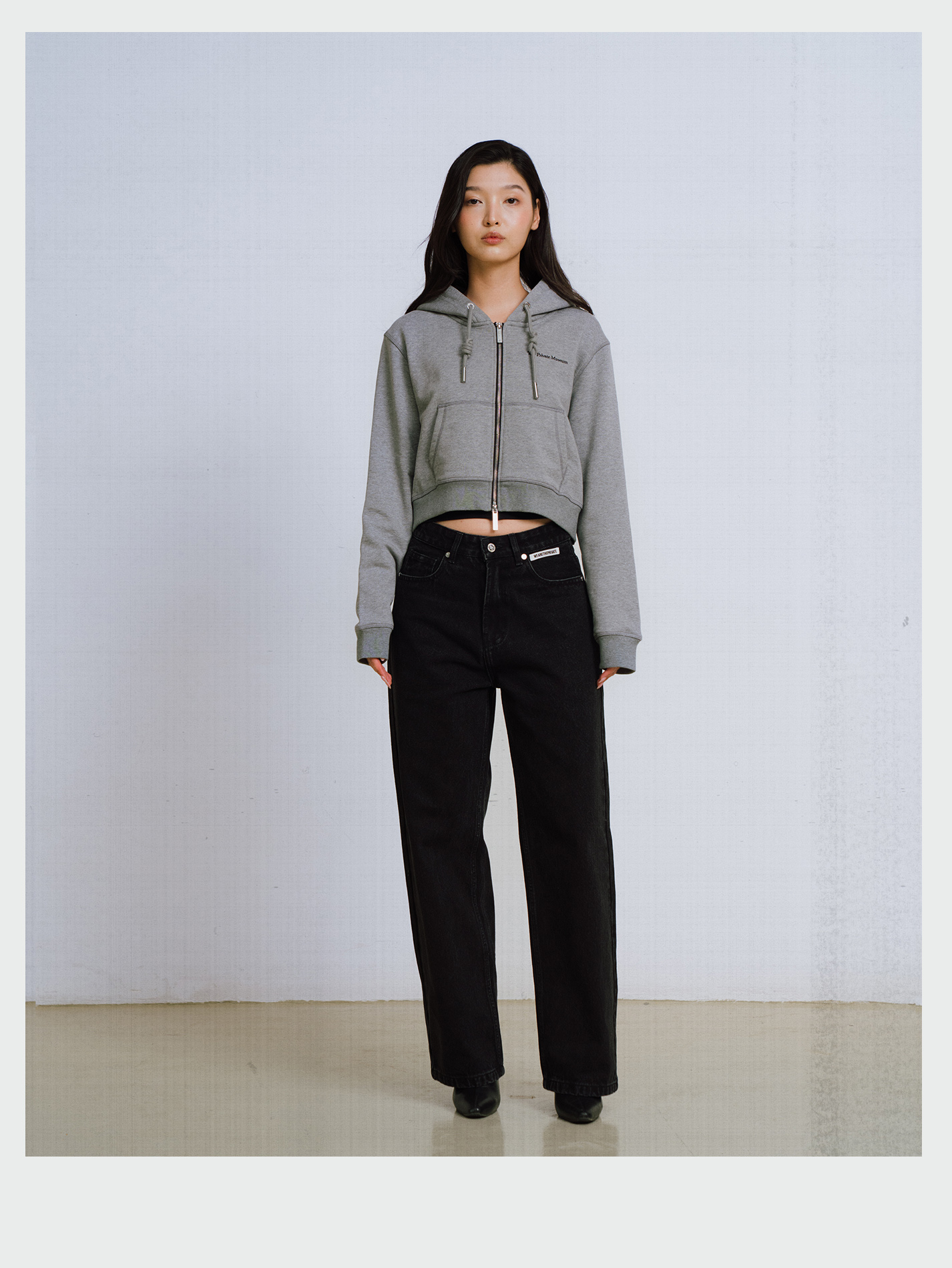 Grey Embroidered Private Hoodie Zip Cropped