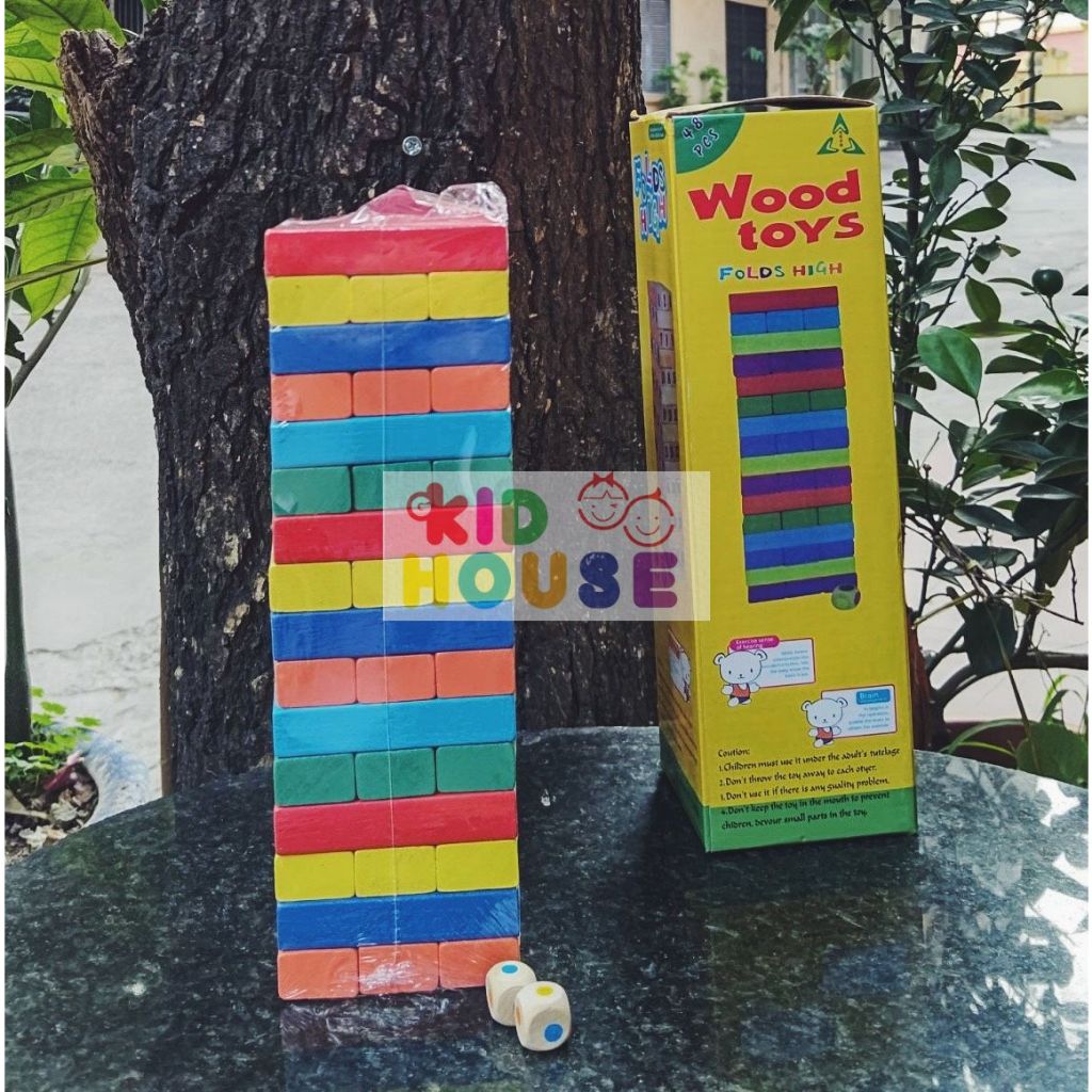 Bộ trò chơi rút gỗ 48-51 thanh nhiều màu sắc, in hình ngộ nghĩnh, Đồ chơi rút gỗ hình con vật, in hình số thanh gỗ mịn