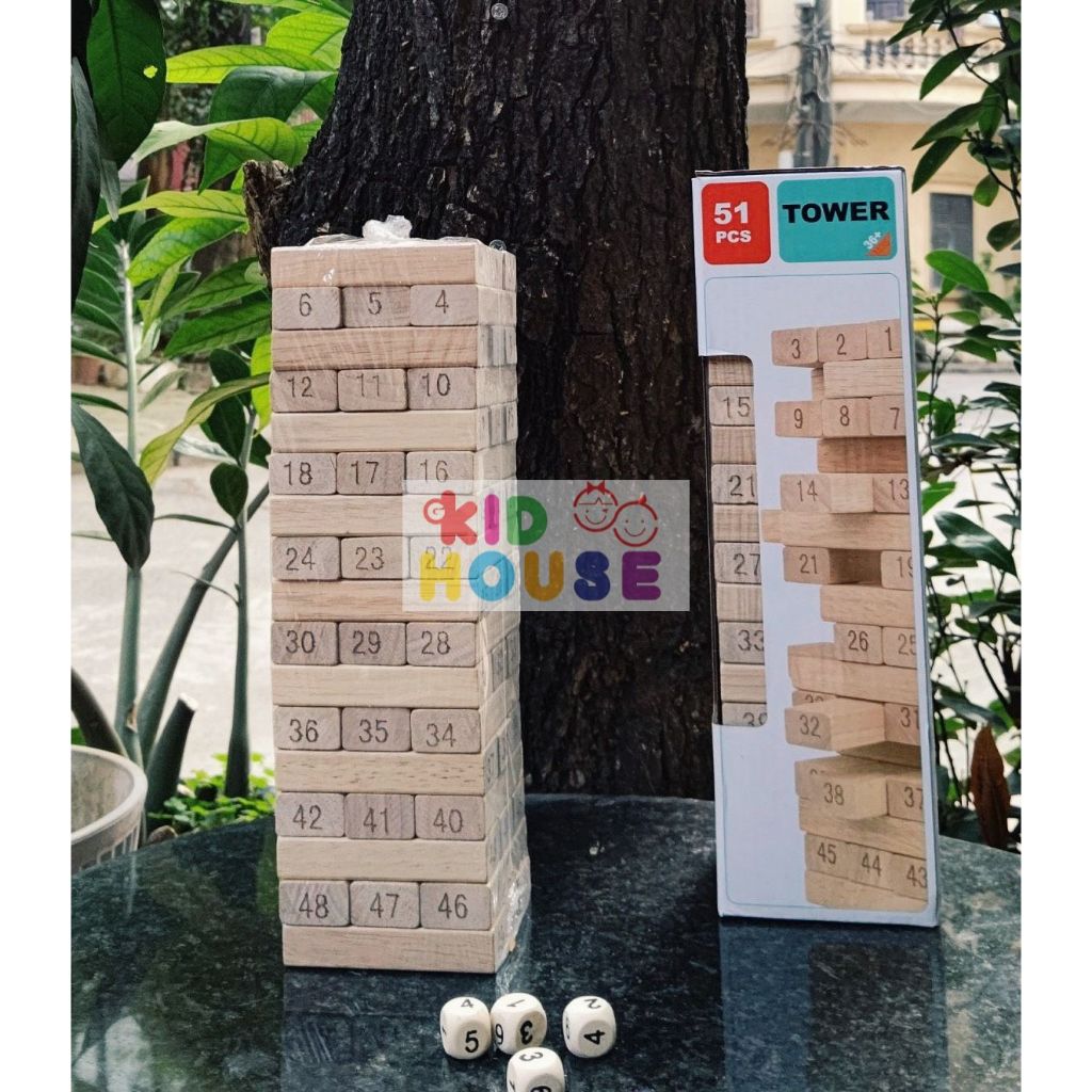 Bộ trò chơi rút gỗ 48-51 thanh nhiều màu sắc, in hình ngộ nghĩnh, Đồ chơi rút gỗ hình con vật, in hình số thanh gỗ mịn