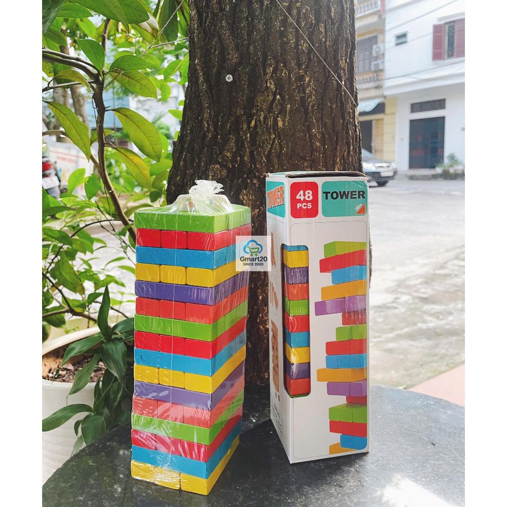 Bộ trò chơi rút gỗ 48-51 thanh nhiều màu sắc, in hình ngộ nghĩnh, Đồ chơi rút gỗ hình con vật, in hình số thanh gỗ mịn