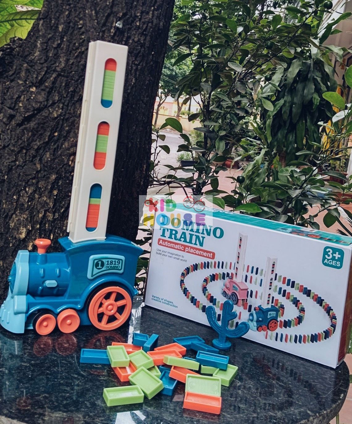 (Kèm pin) Đồ chơi tàu hỏa, xe lửa thả xếp Domino tự động, bộ tàu Domino chuyển động cho bé lắp ráp thỏa sức sáng tạo