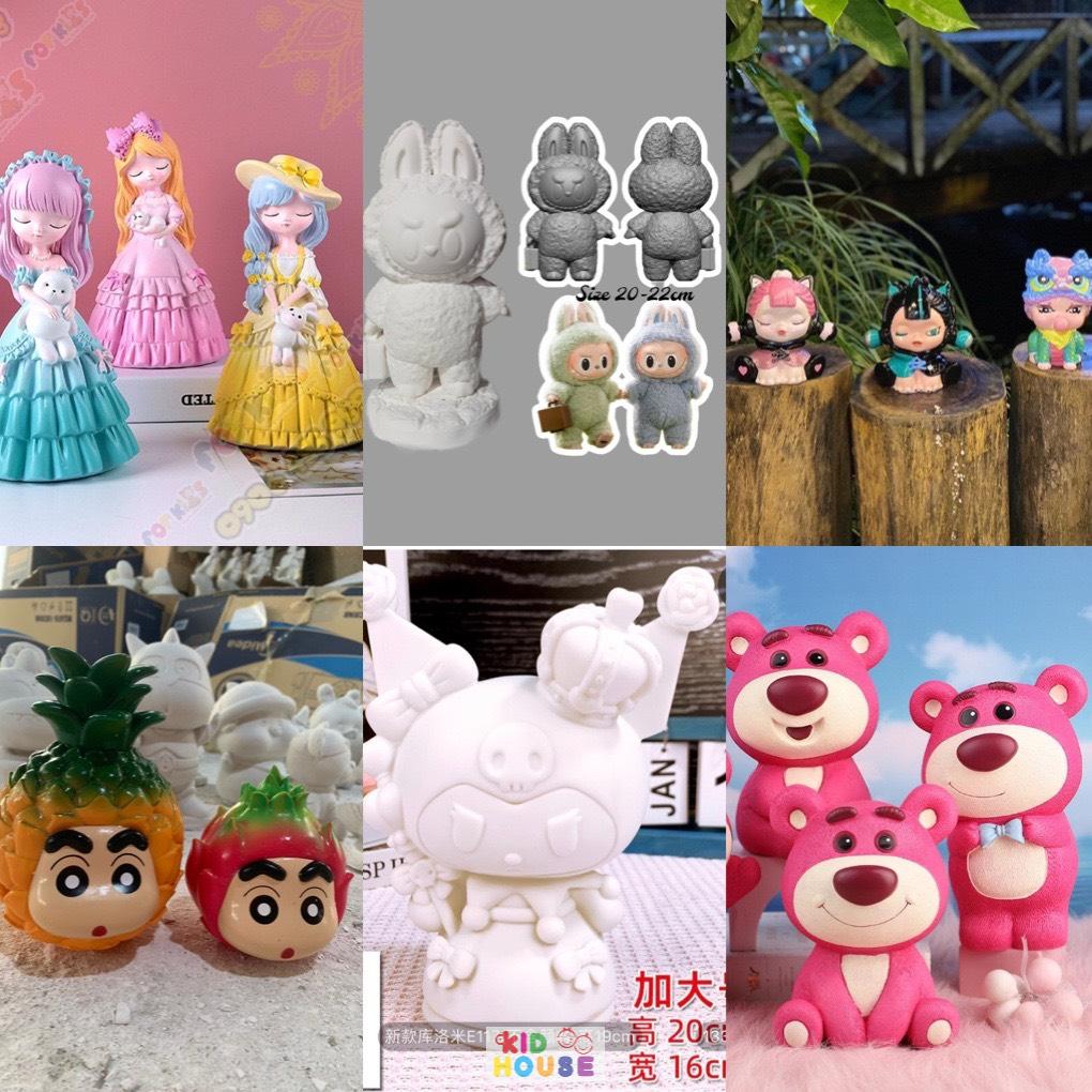 (Size to 16-23cm) Tượng thạch cao bé ba, labubu, kuromi, capybara, công chúa, siêu nhân, Set tô tượng kèm màu và bút vẽ