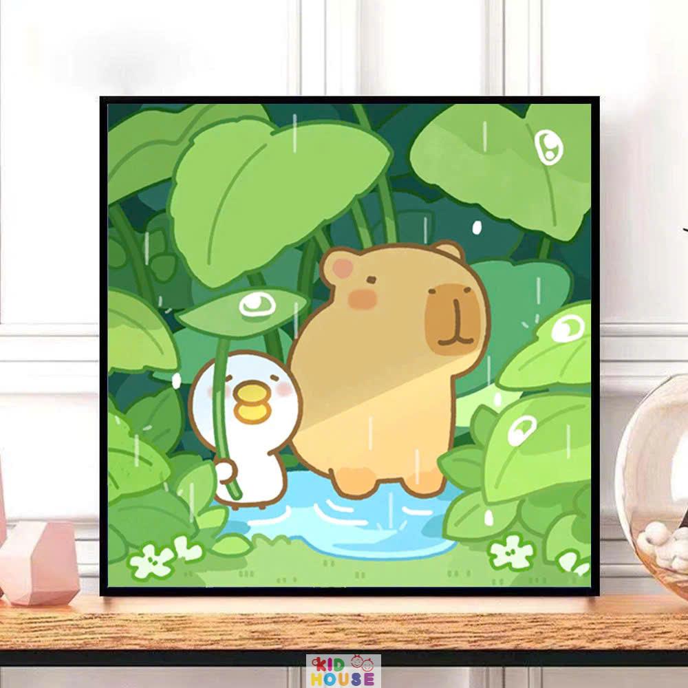 Tranh tô màu số hóa đã căng khung kèm màu, cọ size 20x20, tranh số hóa hoạt hình, bé ba, phong cảnh, loopy, cappy bara