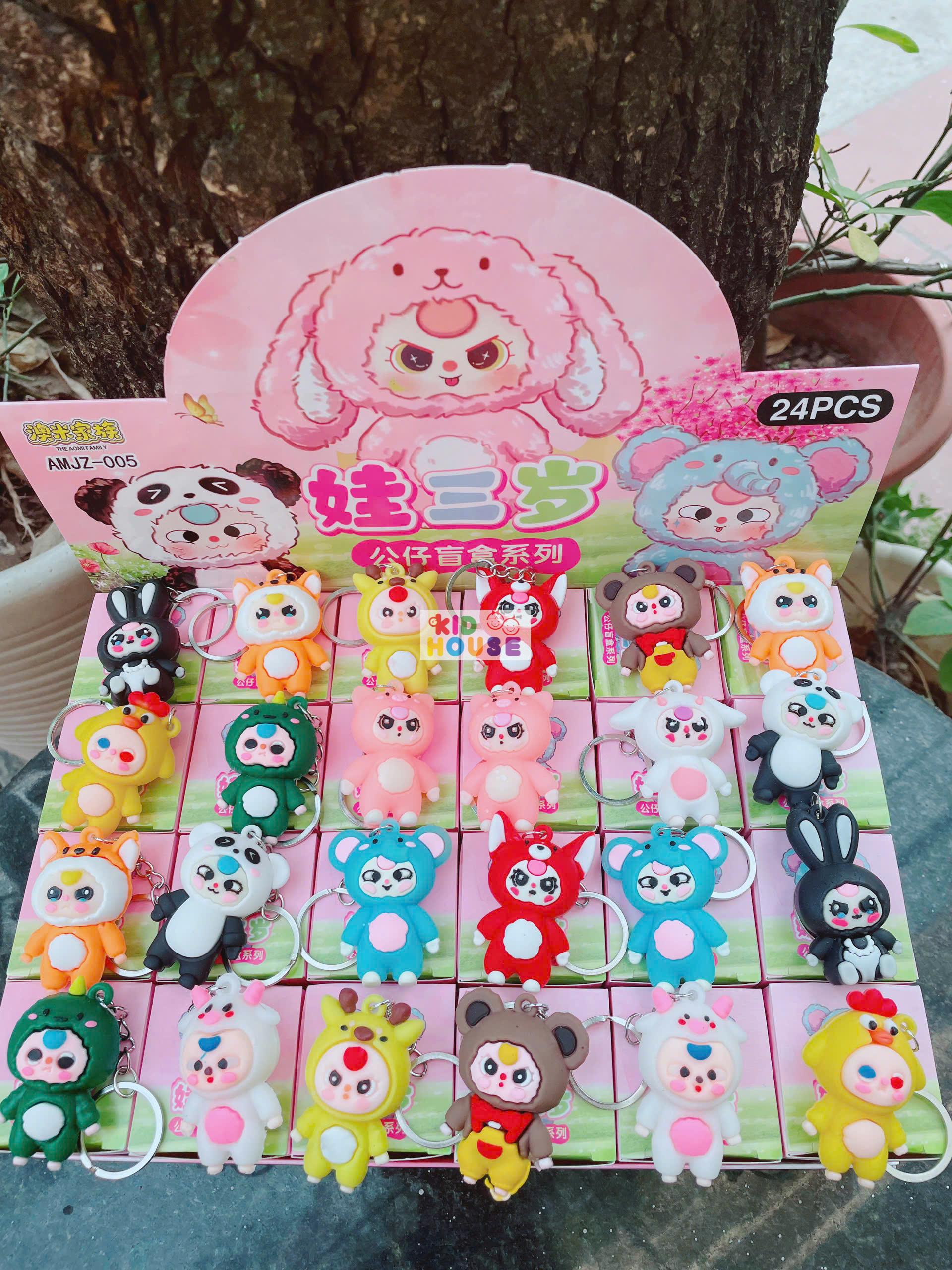 Blindbox hộp mù bí ẩn 24 móc khóa bé ba, capybara, kuromi, labubu, hộp mù móc khóa trang trí balo túi xách
