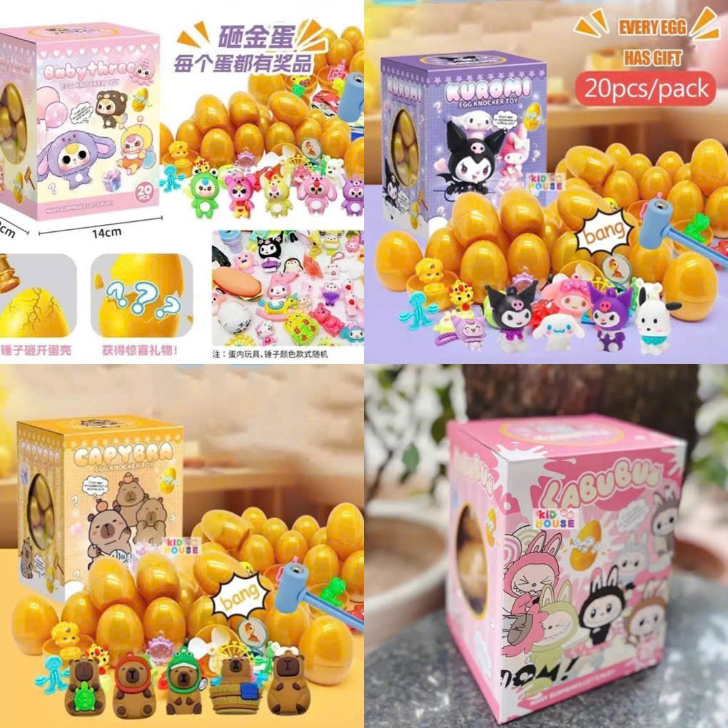 Đồ chơi đập trứng nhận quà, Hộp Mù trứng vàng Kuromi, Capybara, Labubu kèm búa cho bé