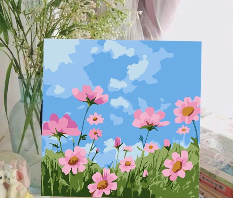 Tranh tô màu số hóa đã căng khung kèm màu, cọ size 20x20, tranh số hóa hoạt hình, bé ba, phong cảnh, loopy, cappy bara