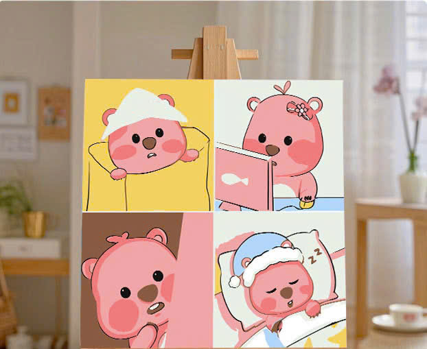 Tranh tô màu số hóa đã căng khung kèm màu, cọ size 20x20, tranh số hóa hoạt hình, bé ba, phong cảnh, loopy, cappy bara