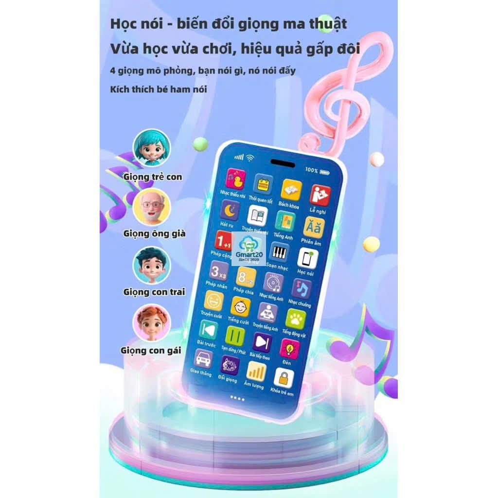 Điện thoại đồ chơi trẻ em bằng tiếng việt phát nhạc, hát ru, học toán, nhại giọng có đèn Led