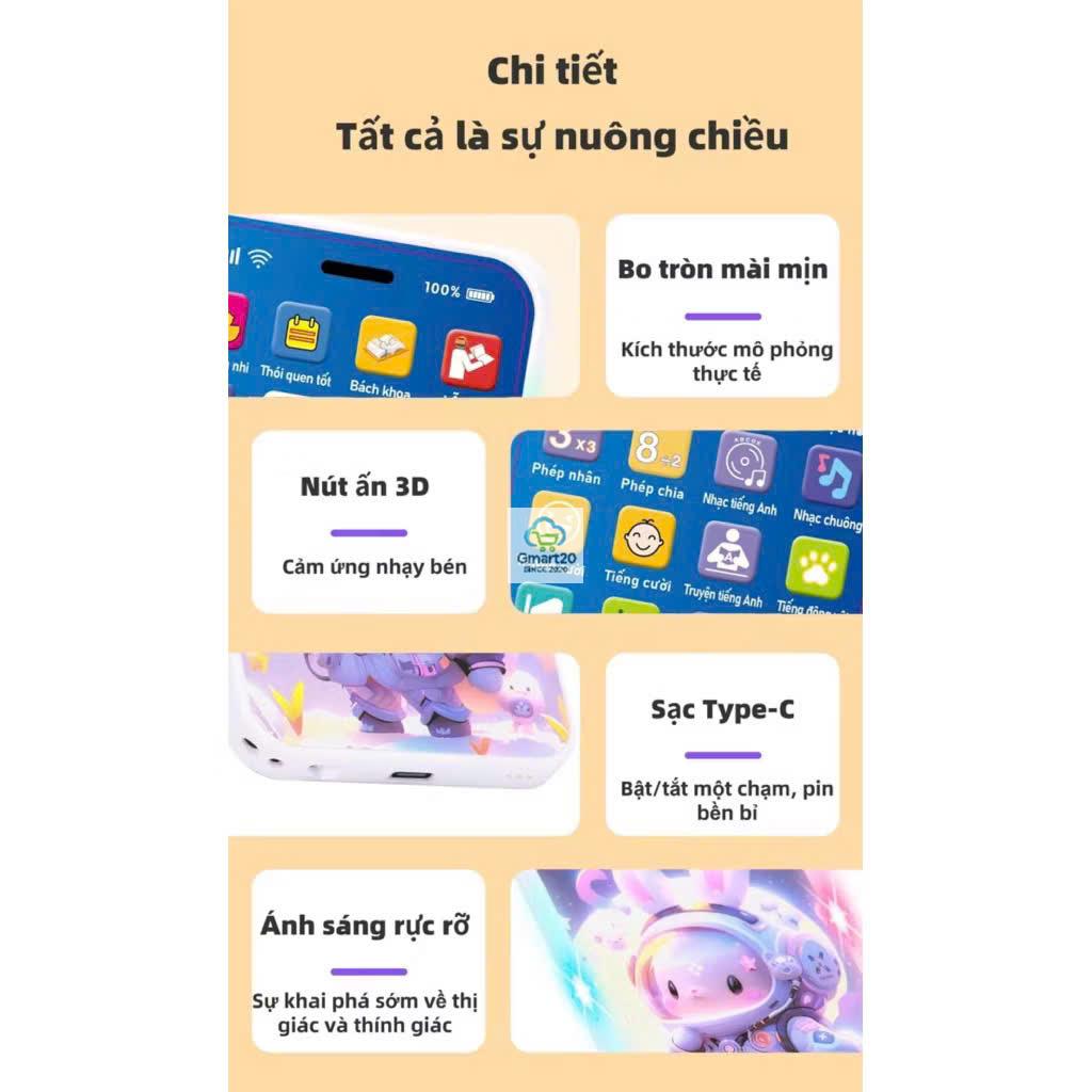 Điện thoại đồ chơi trẻ em bằng tiếng việt phát nhạc, hát ru, học toán, nhại giọng có đèn Led