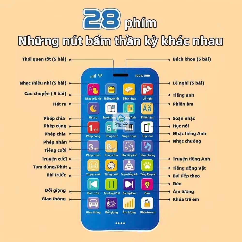 Điện thoại đồ chơi trẻ em bằng tiếng việt phát nhạc, hát ru, học toán, nhại giọng có đèn Led