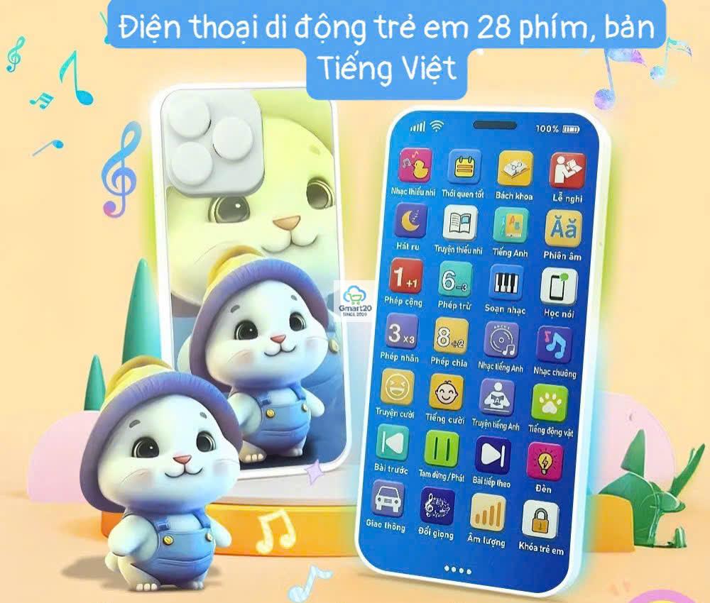 Điện thoại đồ chơi trẻ em bằng tiếng việt phát nhạc, hát ru, học toán, nhại giọng có đèn Led