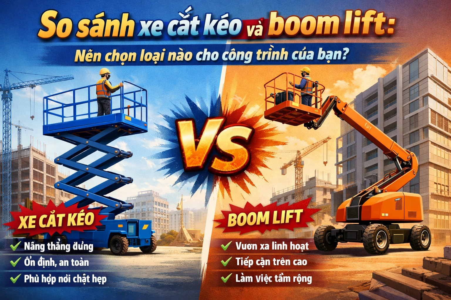 So sánh xe cắt kéo và boom lift: Nên chọn loại nào cho công trình của bạn?