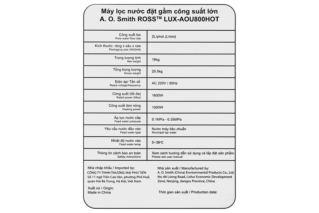 Máy lọc nước RO nóng nguội AOSmith LUX-AOU800HOT 2 lõi