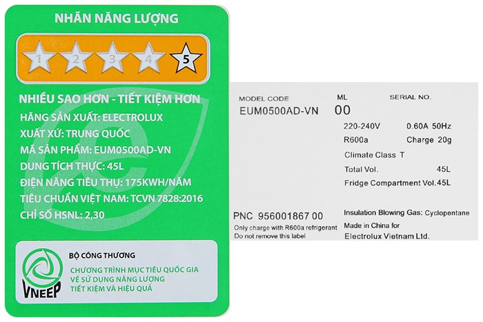 Tủ Lạnh Mini Electrolux 45 Lít EUM0500AD-VN Chính Hãng