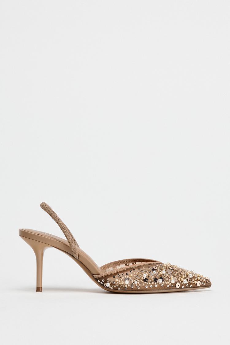 BEADED MESH SLINGBACK HEELS