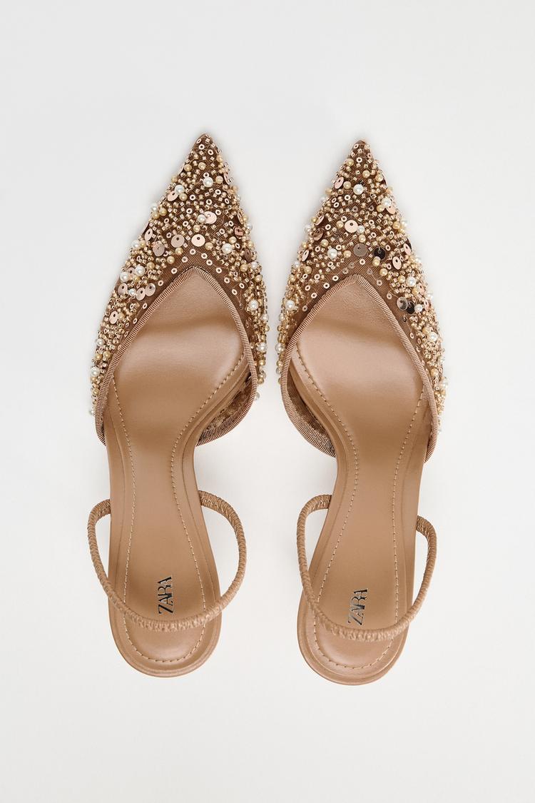 BEADED MESH SLINGBACK HEELS