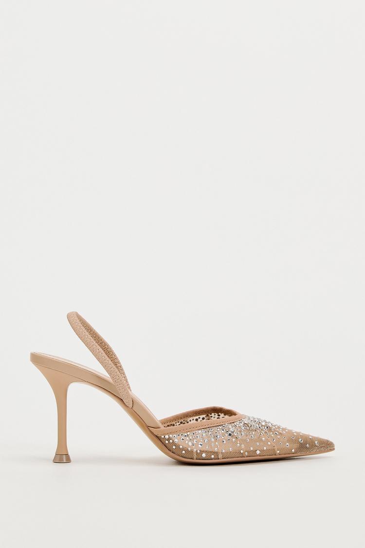MESH HIGH-HEEL SLINGBACK SHOES WITH EMBELLISHED RHINESTONES