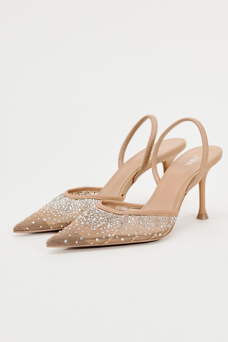 MESH HIGH-HEEL SLINGBACK SHOES WITH EMBELLISHED RHINESTONES