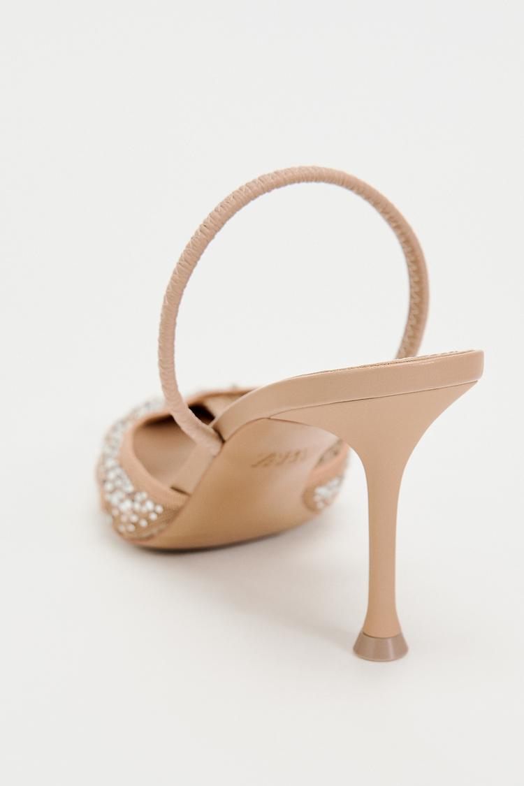 MESH HIGH-HEEL SLINGBACK SHOES WITH EMBELLISHED RHINESTONES