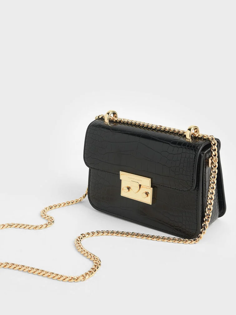 Croc Effect Chain Strap Square Shoulder Bag