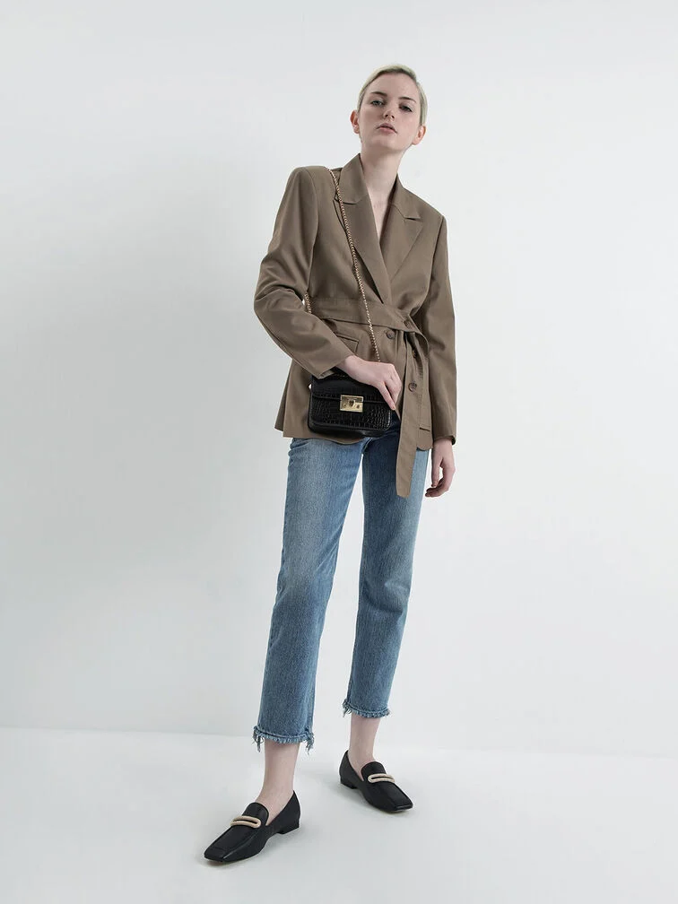 Croc Effect Chain Strap Square Shoulder Bag