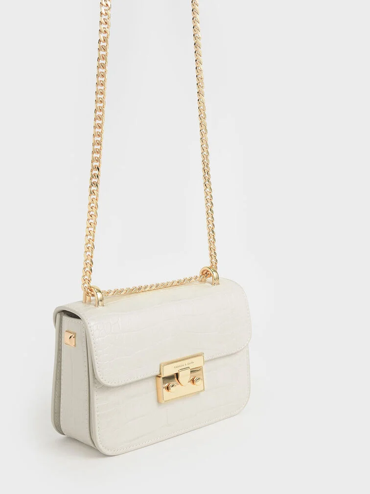Croc Effect Chain Strap Square Shoulder Bag