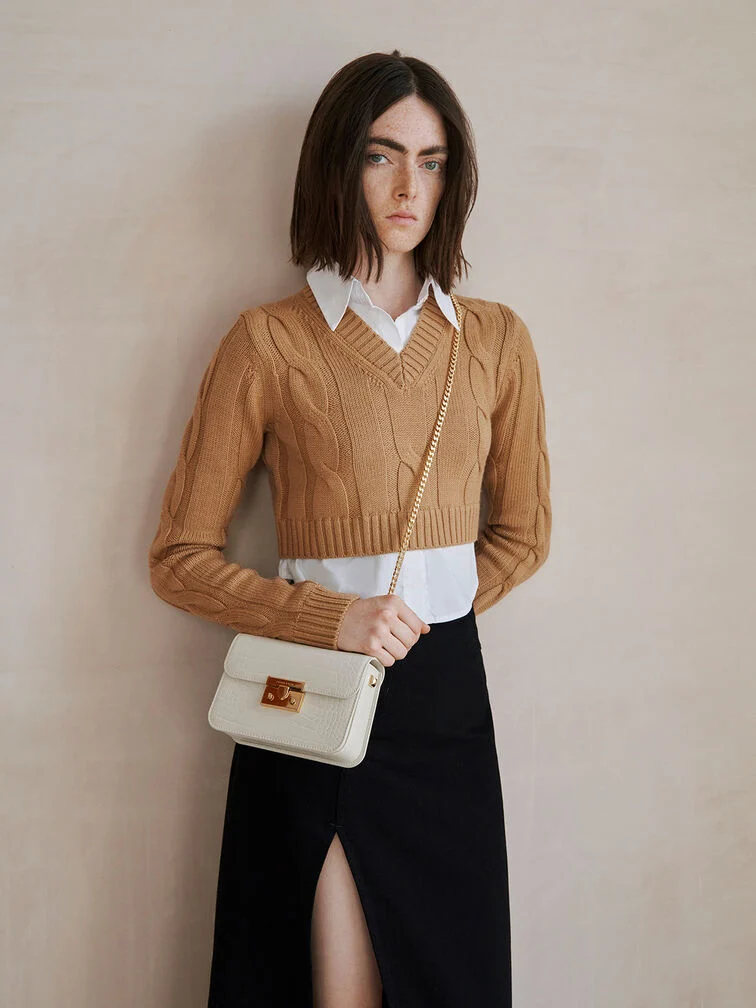 Croc Effect Chain Strap Square Shoulder Bag