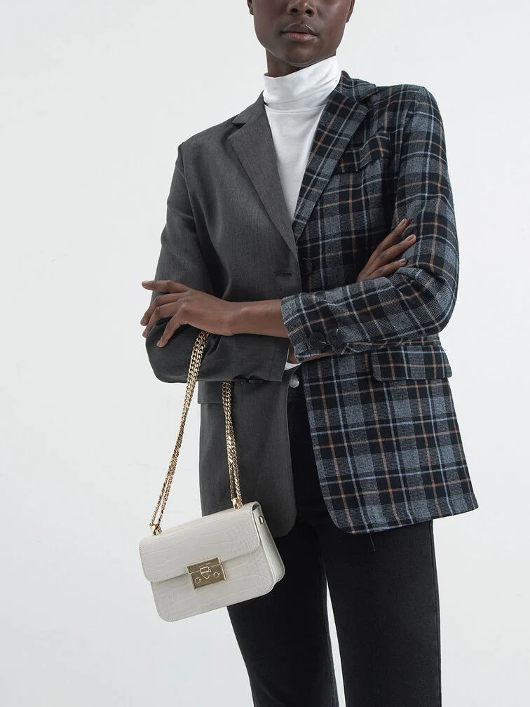 Croc Effect Chain Strap Square Shoulder Bag