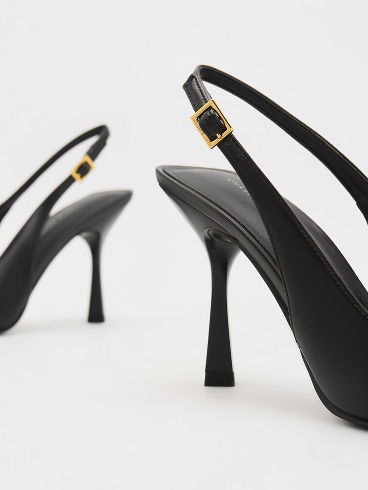 Metallic Cap Pointed-Toe Slingback Pumps