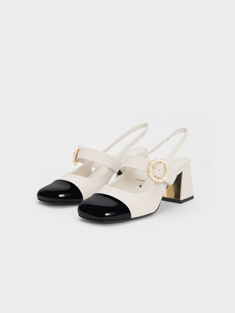 Patent Two-Tone Pearl Buckle Slingback Pumps