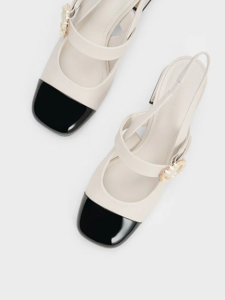 Patent Two-Tone Pearl Buckle Slingback Pumps
