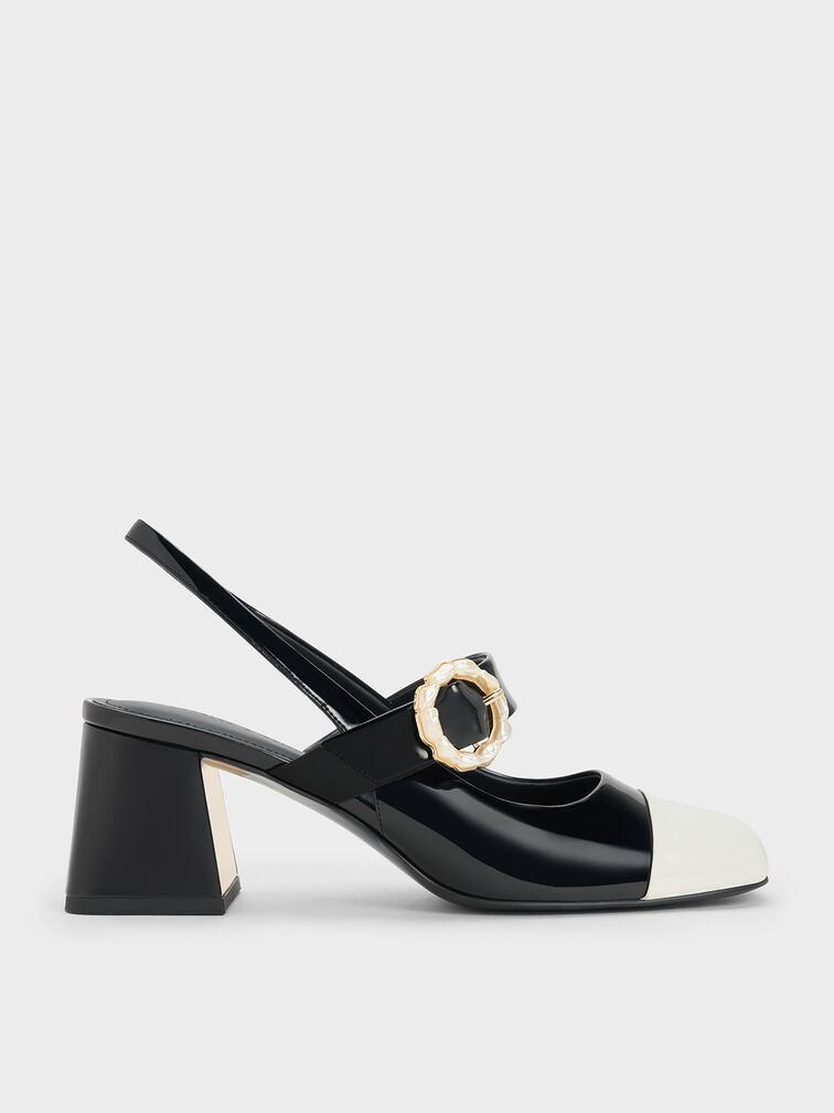 Patent Two-Tone Pearl Buckle Slingback Pumps