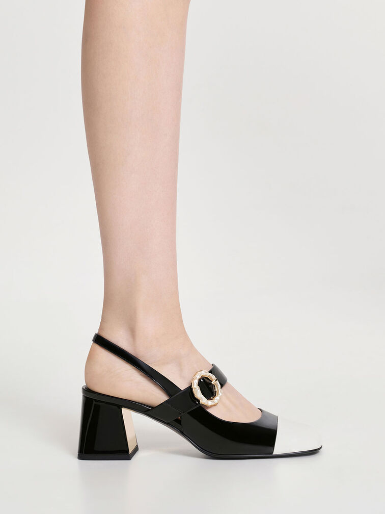 Patent Two-Tone Pearl Buckle Slingback Pumps
