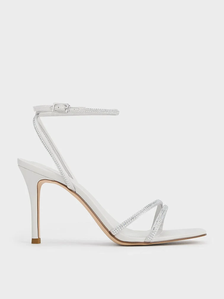 Satin Crystal-Embellished Block-Heel Strappy Sandals