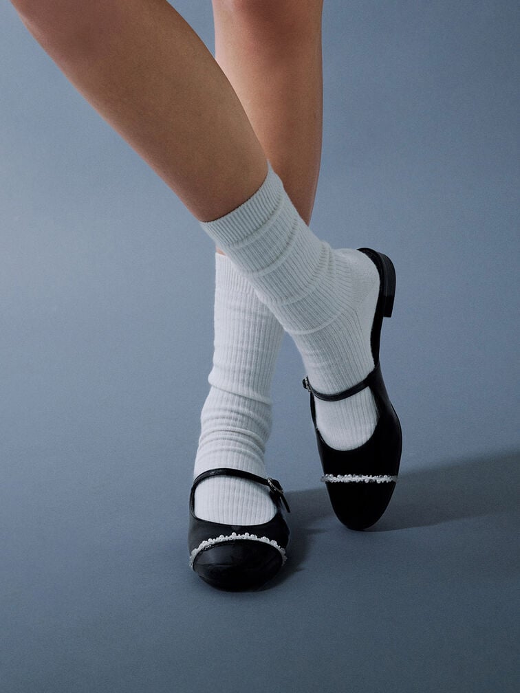 Pearl-Embellished Cap-Toe Flat Mules