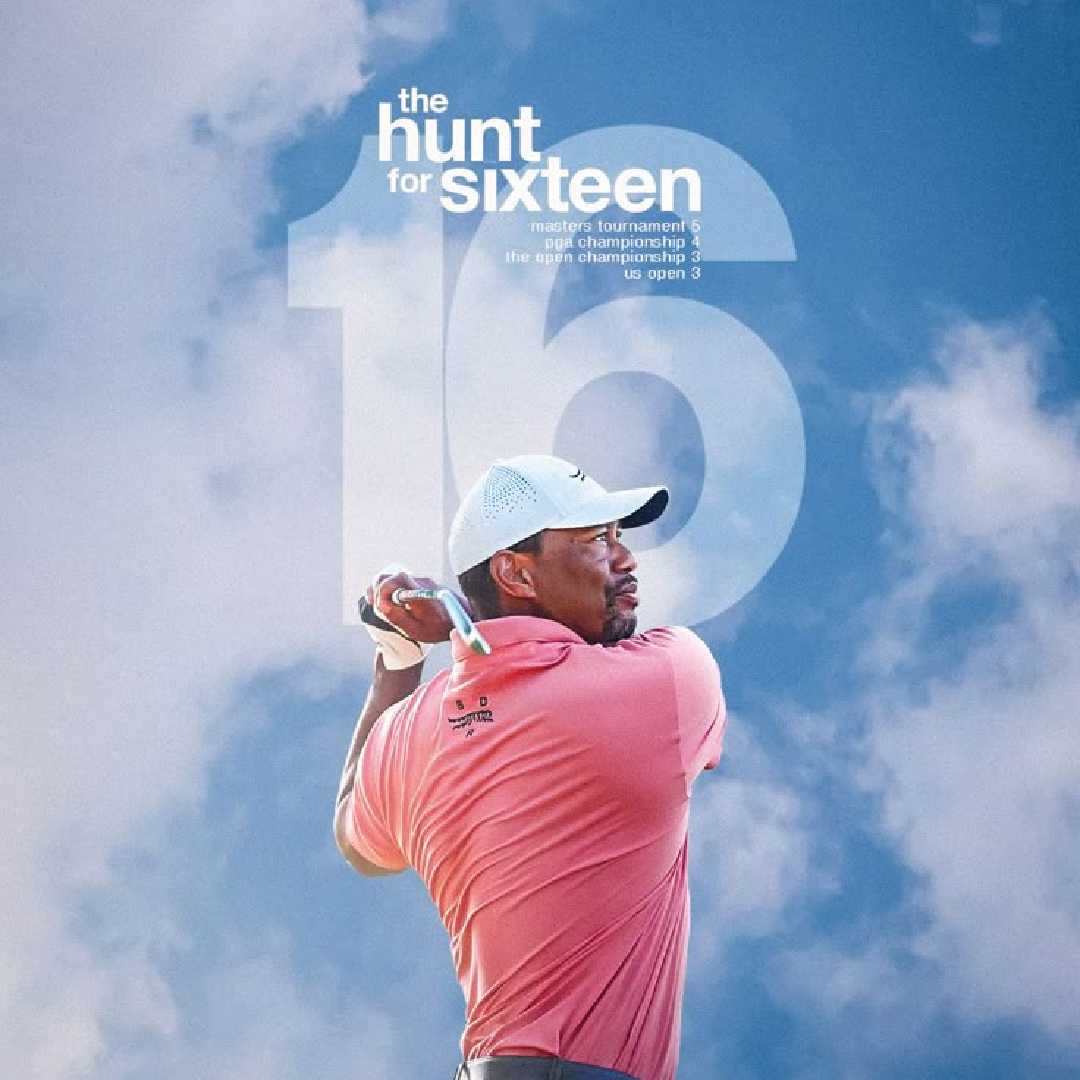 Hành trình chinh phục danh hiệu lớn thứ 16 của huyền thoại golf được tái hiện sống động qua thiết kế poster ấn tượng. Sự kết hợp giữa hình ảnh mạnh mẽ và typography lớn tạo nên cảm hứng mãnh liệt cho người hâm mộ thể thao.