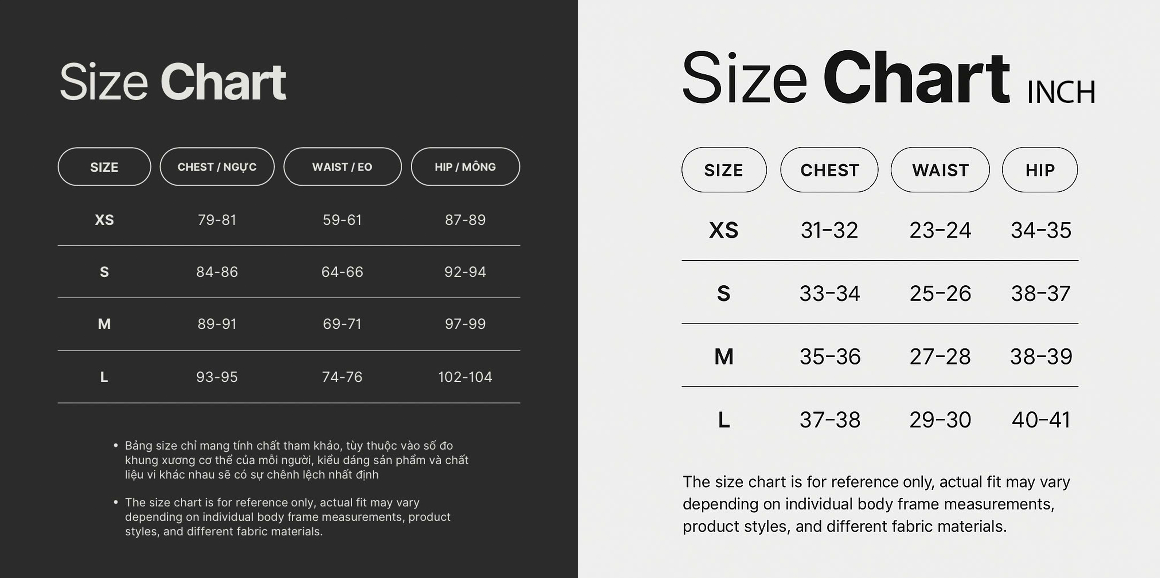Bảng size
