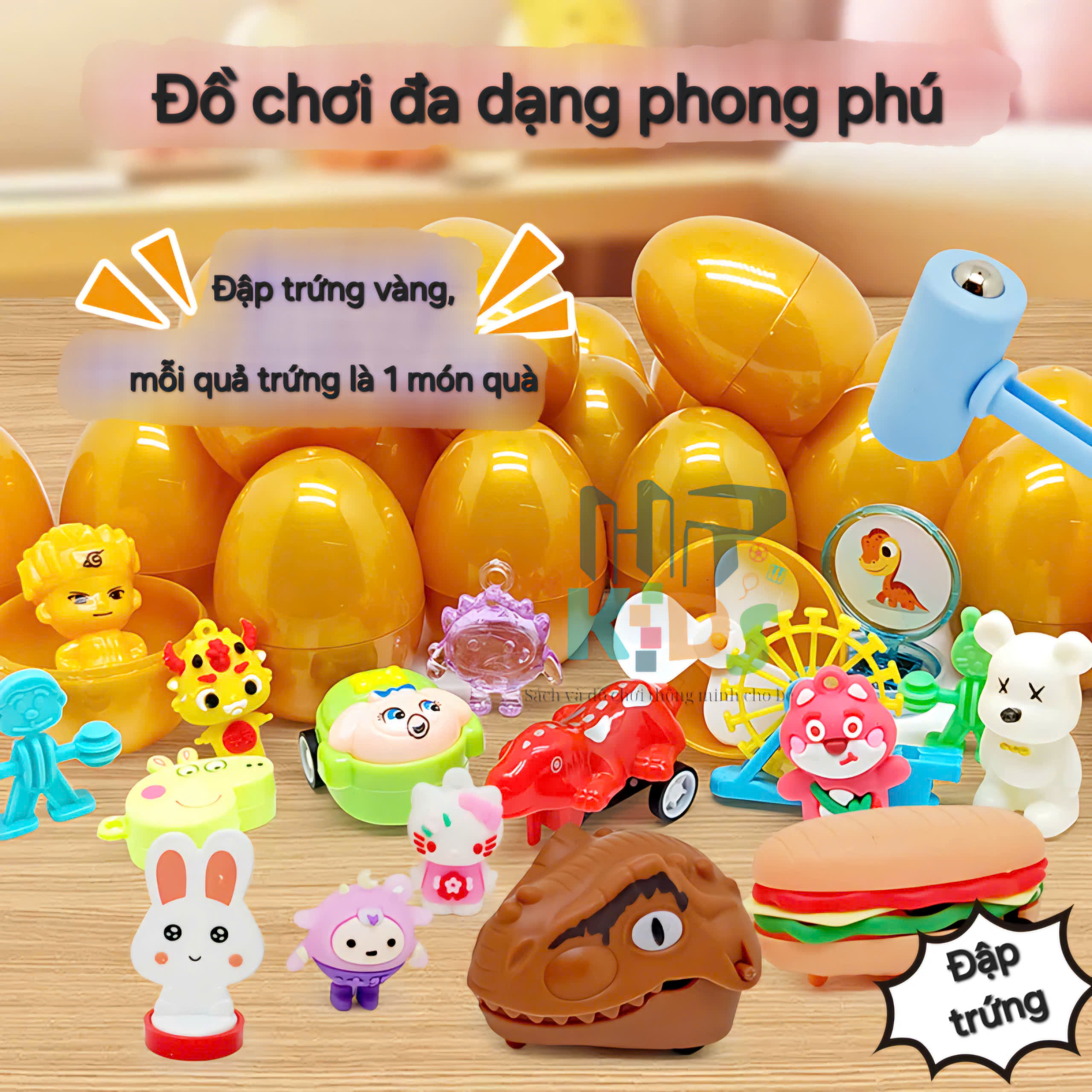 Đồ chơi dập trứng nhận quà, hộp mù trứng vàng nhiều chủ đề Kuromi, Labubu, Cappybra kèm búa cho bé