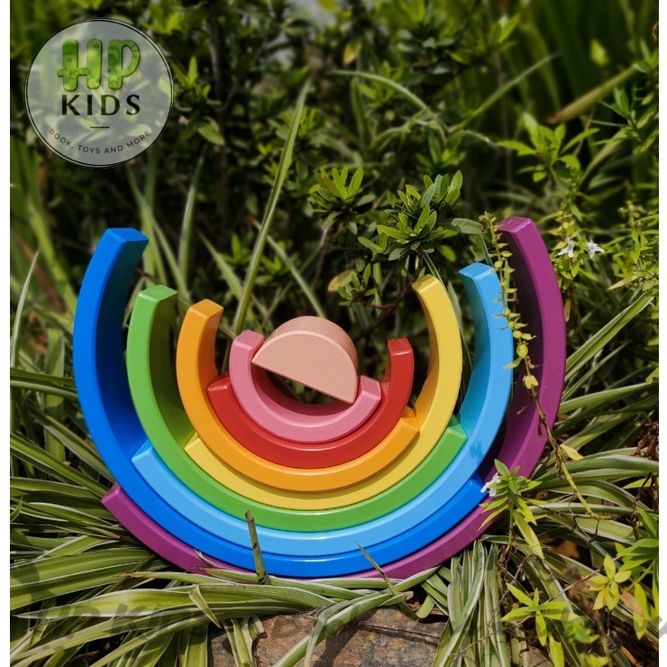 Bộ xếp hình cầu vồng bằng gỗ vui nhộn cho trẻ đồ chơi trẻ em Giáo cụ montessori kèm sách hướng dẫn xếp