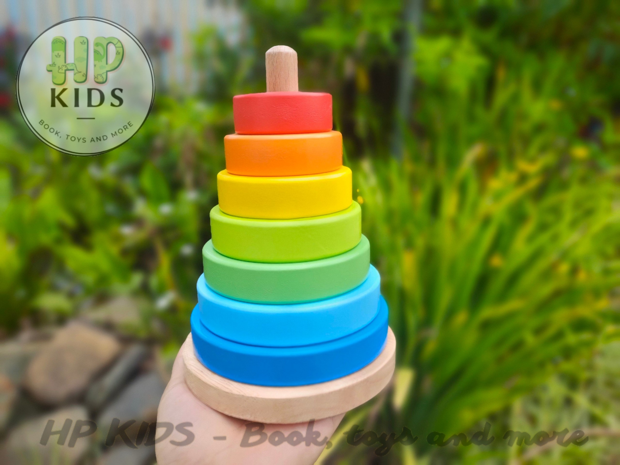 Giáo cụ montessori -Xếp hình tháp cầu vồng bằng gỗ kèm hướng dẫn cho bé
