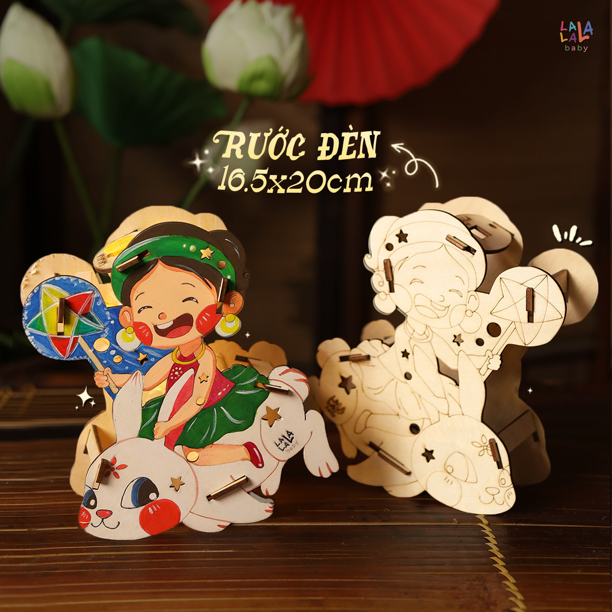 Đèn lồng gỗ Trông Trăng Lalamoon bộ kit tự làm lồng đèn trung thu tô màu thủ công DIY đồ chơi hình con vật