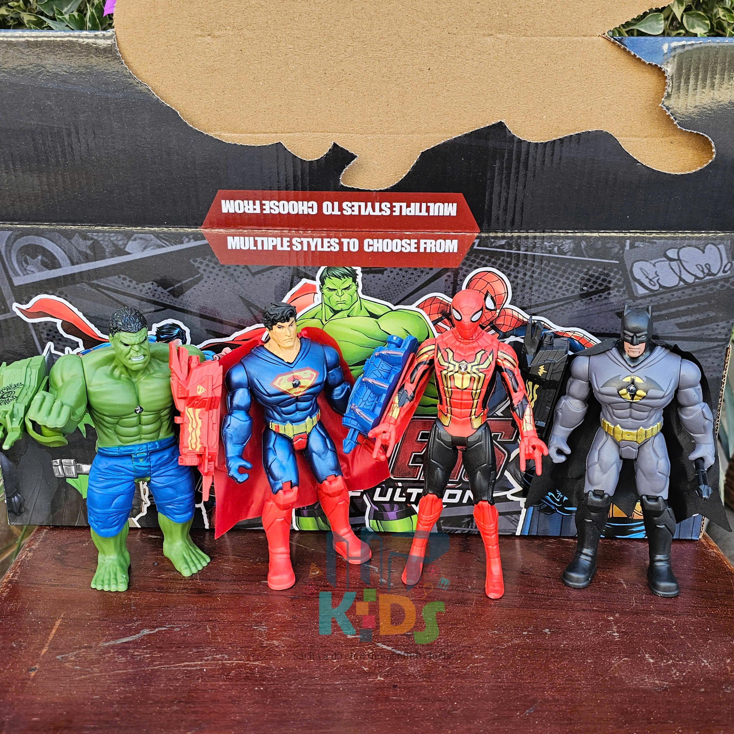 Hộp đồ chơi siêu anh hùng người nhện, người dơi Badman, Người khổng lồ xanh và siêu nhân kèm đèn, vũ khí cho bé